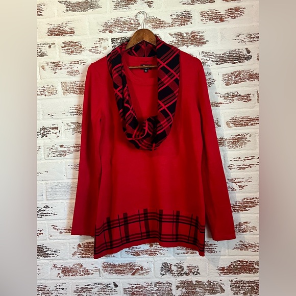 Kim Rogers Plaid Trimmed Sweater & Scarf Set Red Knit Long Sleeve Christmas Sz L - Picture 2 of 10